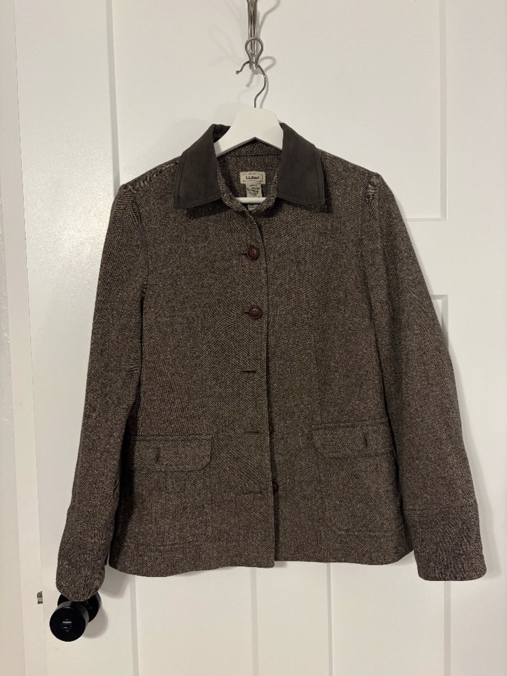 LL Bean Jacket Womens 4 Brown Wool Blend Suede Collar Button Up Blazer Classic